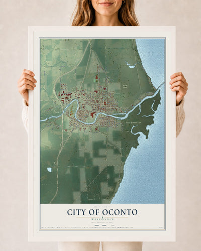 Map of Oconto, Wisconsin, 24 x 36 inch print in a white wood frame