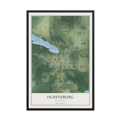 Map of Ogdensburg, Wisconsin, 12 x 18 inch print in a black wood frame