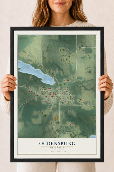 Map of Ogdensburg, Wisconsin, 18 x 24 inch print in a black wood frame