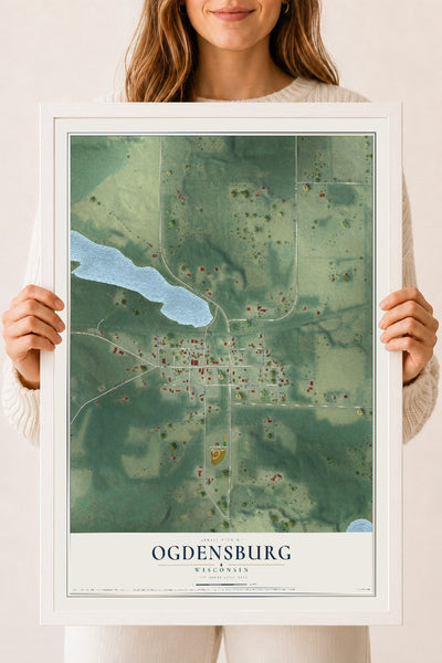 Map of Ogdensburg, Wisconsin, 18 x 24 inch print in a white wood frame