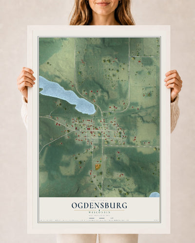 Map of Ogdensburg, Wisconsin, 24 x 36 inch print in a white wood frame
