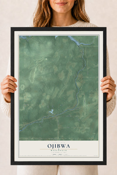 Map of Ojibwa, Wisconsin, 18 x 24 inch print in a black wood frame