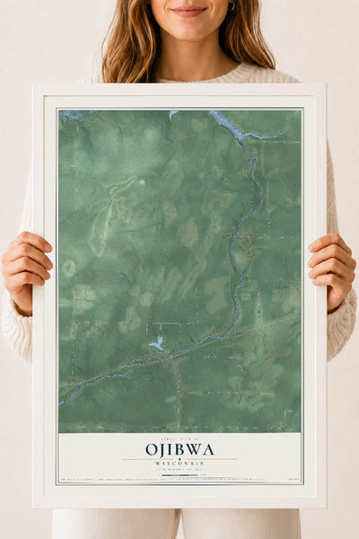 Map of Ojibwa, Wisconsin, 18 x 24 inch print in a white wood frame