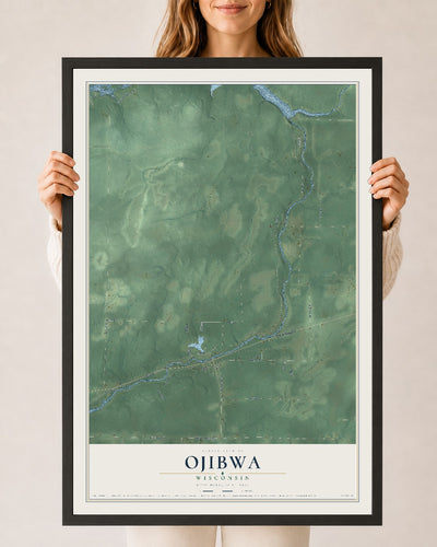 Map of Ojibwa, Wisconsin, 24 x 36 inch print in a black wood frame