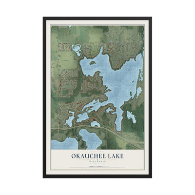 Map of Okauchee Lake, Wisconsin, 12 x 18 inch print in a black wood frame