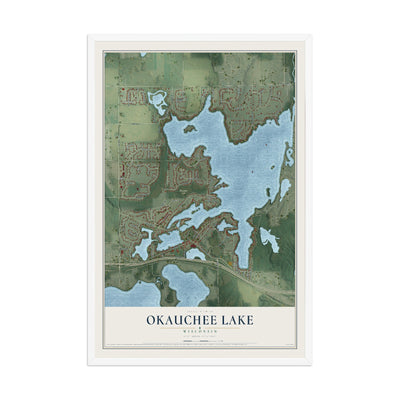 Map of Okauchee Lake, Wisconsin, 12 x 18 inch print in a white wood frame