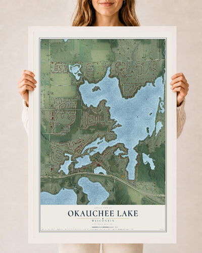 Map of Okauchee Lake, Wisconsin, 24 x 36 inch print in a white wood frame