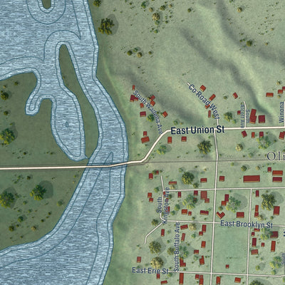 Close-up of the map of Oliver, Wisconsin print showing street and building detail
