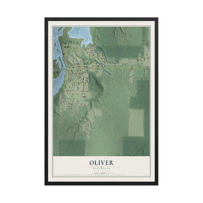 Map of Oliver, Wisconsin, 12 x 18 inch print in a black wood frame