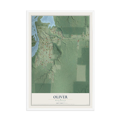 Map of Oliver, Wisconsin, 12 x 18 inch print in a white wood frame