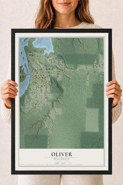 Map of Oliver, Wisconsin, 18 x 24 inch print in a black wood frame