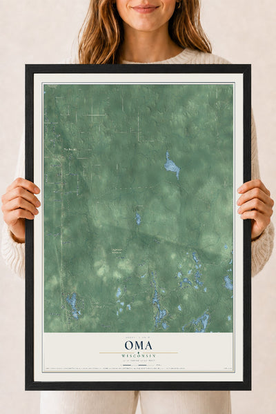 Map of Oma, Wisconsin, 18 x 24 inch print in a black wood frame