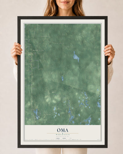 Map of Oma, Wisconsin, 24 x 36 inch print in a black wood frame