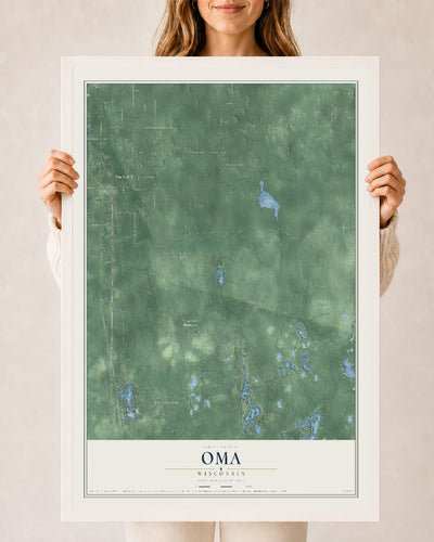 Map of Oma, Wisconsin, 24 x 36 inch print in a white wood frame