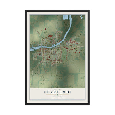 Map of Omro, Wisconsin, 12 x 18 inch print in a black wood frame