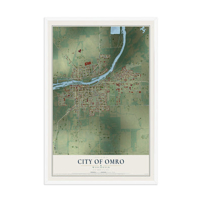 Map of Omro, Wisconsin, 12 x 18 inch print in a white wood frame