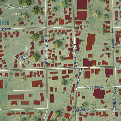 Close-up of the map of Oostburg, Wisconsin print showing street and building detail