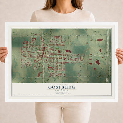 Map of Oostburg, Wisconsin, 18 x 24 inch print in a white wood frame