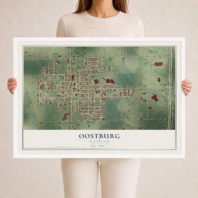 Map of Oostburg, Wisconsin, 24 x 36 inch print in a white wood frame