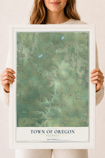 Map of the Town of Oregon, Wisconsin, 18 x 24 inch print in a white wood frame
