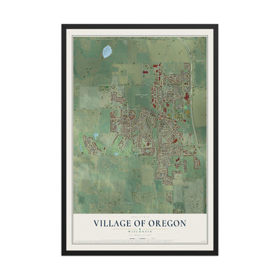Map of Oregon, Wisconsin, 12 x 18 inch print in a black wood frame