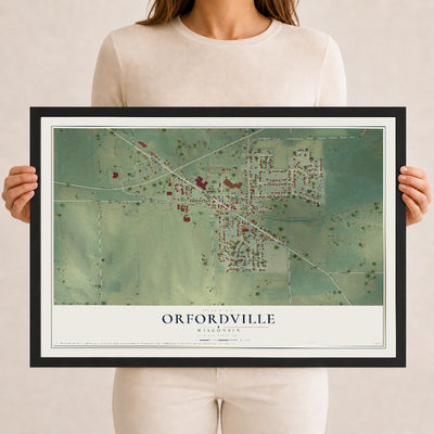 Map of Orfordville, Wisconsin, 12 x 18 inch print in a black wood frame