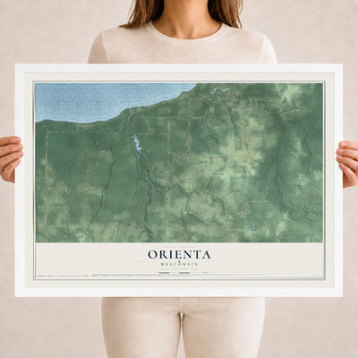Map of Orienta, Wisconsin, 18 x 24 inch print in a white wood frame