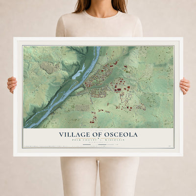 Map of Osceola, Wisconsin, 24 x 36 inch print in a white wood frame