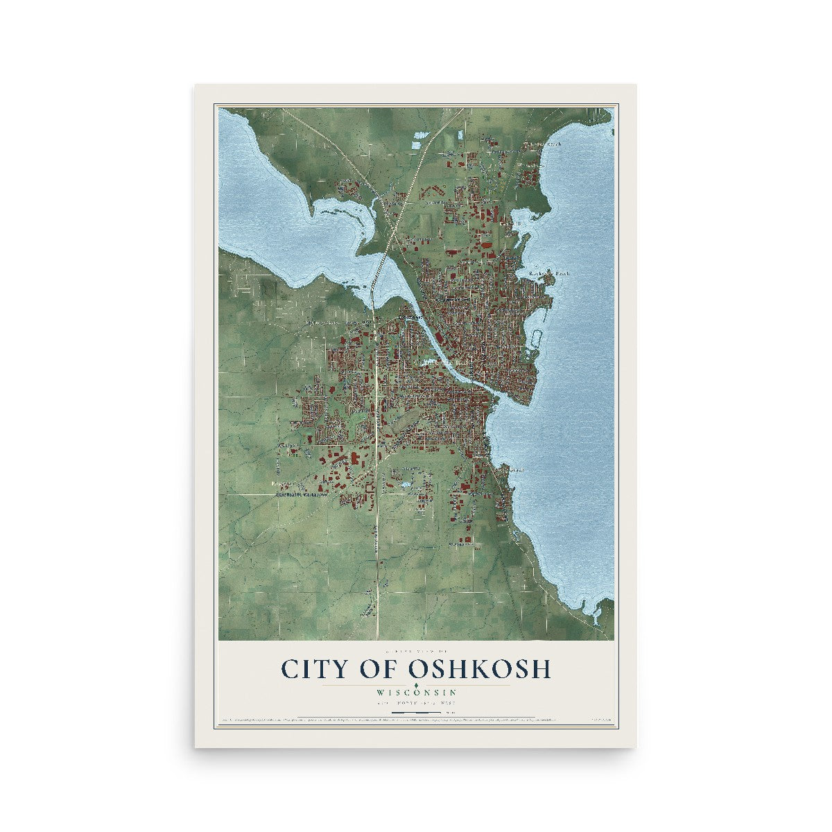 Map of Oshkosh, Wisconsin, 12 x 18 inch unframed archival matte print