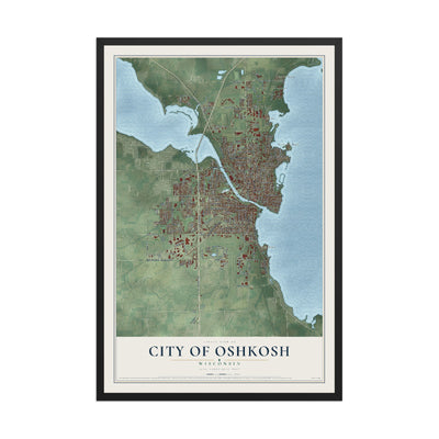 Map of Oshkosh, Wisconsin, 12 x 18 inch print in a black wood frame