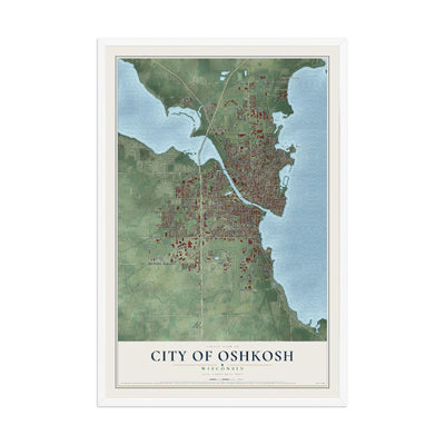 Map of Oshkosh, Wisconsin, 12 x 18 inch print in a white wood frame
