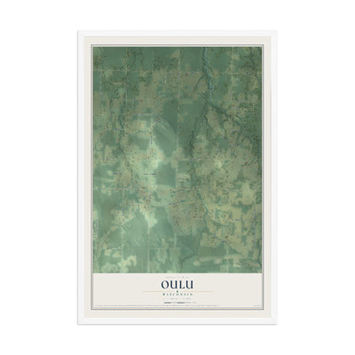 Map of Oulu, Wisconsin, 12 x 18 inch print in a white wood frame