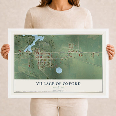 Map of Oxford, Wisconsin, 12 x 18 inch print in a white wood frame