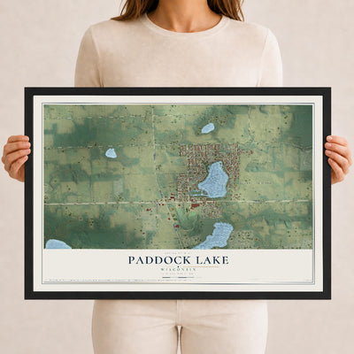 Map of Paddock Lake, Wisconsin, 12 x 18 inch print in a black wood frame