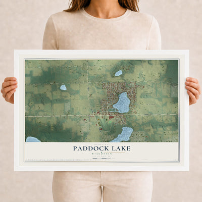 Map of Paddock Lake, Wisconsin, 12 x 18 inch print in a white wood frame