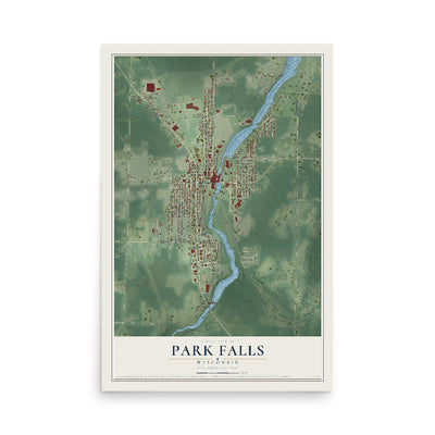 Map of Park Falls, Wisconsin, 12 x 18 inch unframed archival matte print