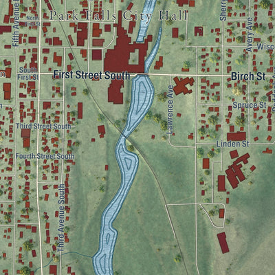 Close-up of the map of Park Falls, Wisconsin print showing street and building detail