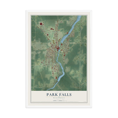 Map of Park Falls, Wisconsin, 12 x 18 inch print in a white wood frame