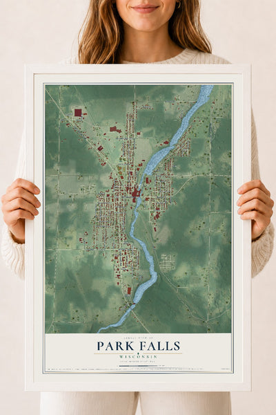Map of Park Falls, Wisconsin, 18 x 24 inch print in a white wood frame