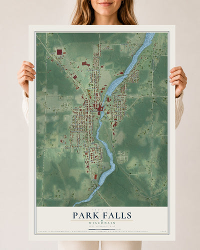 Map of Park Falls, Wisconsin, 24 x 36 inch unframed archival matte print