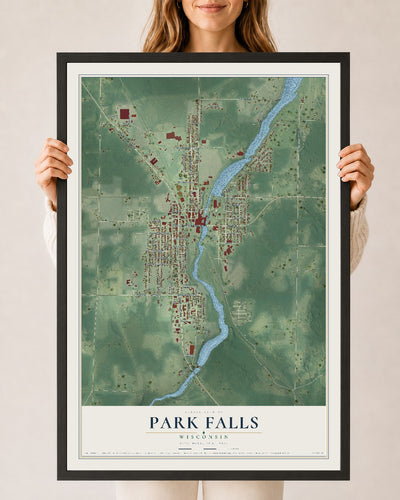 Map of Park Falls, Wisconsin, 24 x 36 inch print in a black wood frame