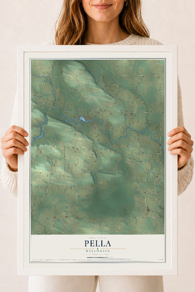 Map of Pella, Wisconsin, 18 x 24 inch print in a white wood frame