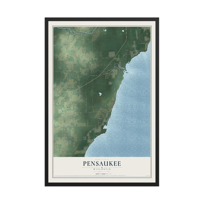 Map of Pensaukee, Wisconsin, 12 x 18 inch print in a black wood frame