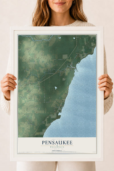Map of Pensaukee, Wisconsin, 18 x 24 inch print in a white wood frame