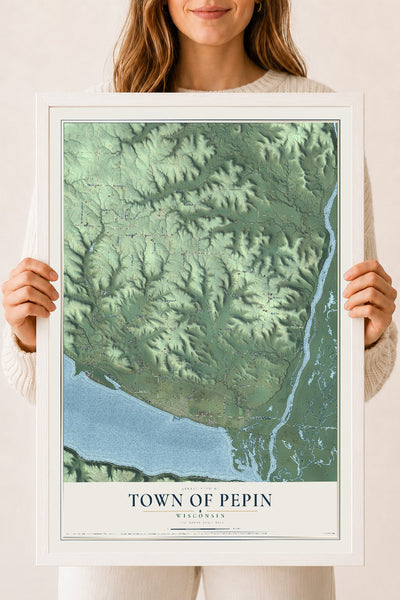 Map of the Town of Pepin, Wisconsin, 18 x 24 inch print in a white wood frame