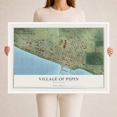 Map of Pepin, Wisconsin, 24 x 36 inch print in a white wood frame