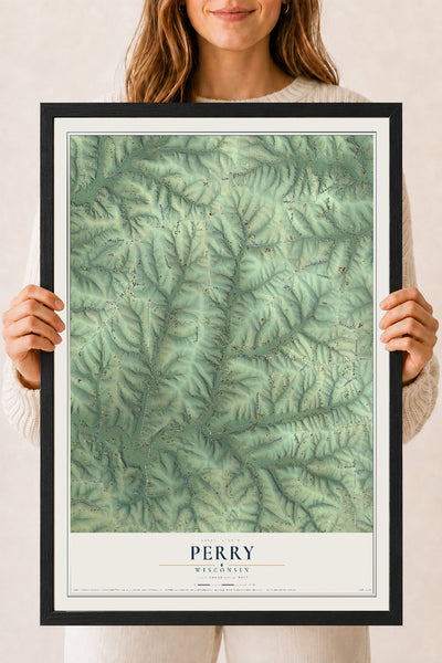 Map of Perry, Wisconsin, 18 x 24 inch print in a black wood frame