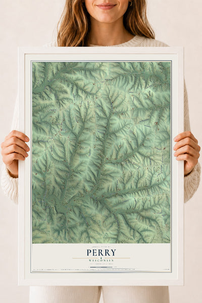 Map of Perry, Wisconsin, 18 x 24 inch print in a white wood frame
