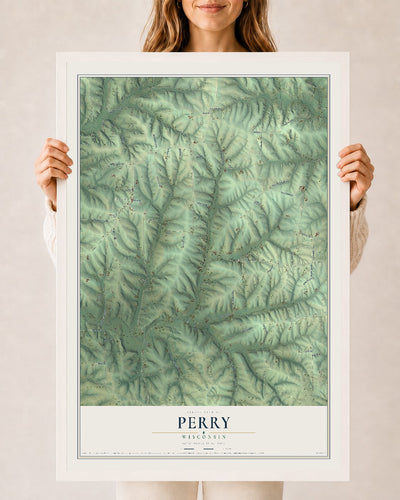 Map of Perry, Wisconsin, 24 x 36 inch print in a white wood frame