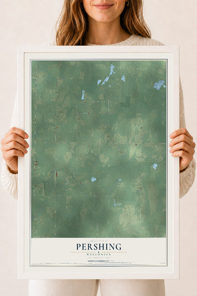 Map of Pershing, Wisconsin, 18 x 24 inch print in a white wood frame